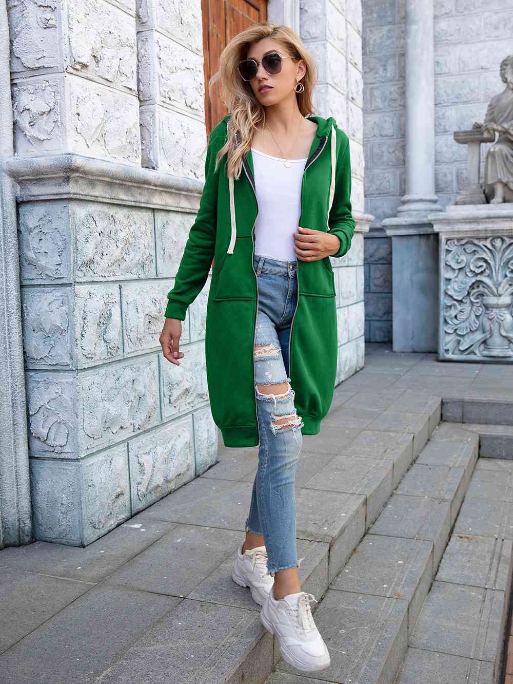 Zip-Up Longline Hoodie with Pockets - Ladyez