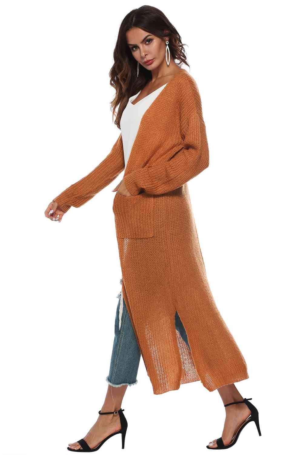 Long Sleeve Open Front Buttoned Cardigan - Ladyez
