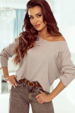 Ribbed Round Neck Drop Shoulder Long Sleeve Top - Ladyez