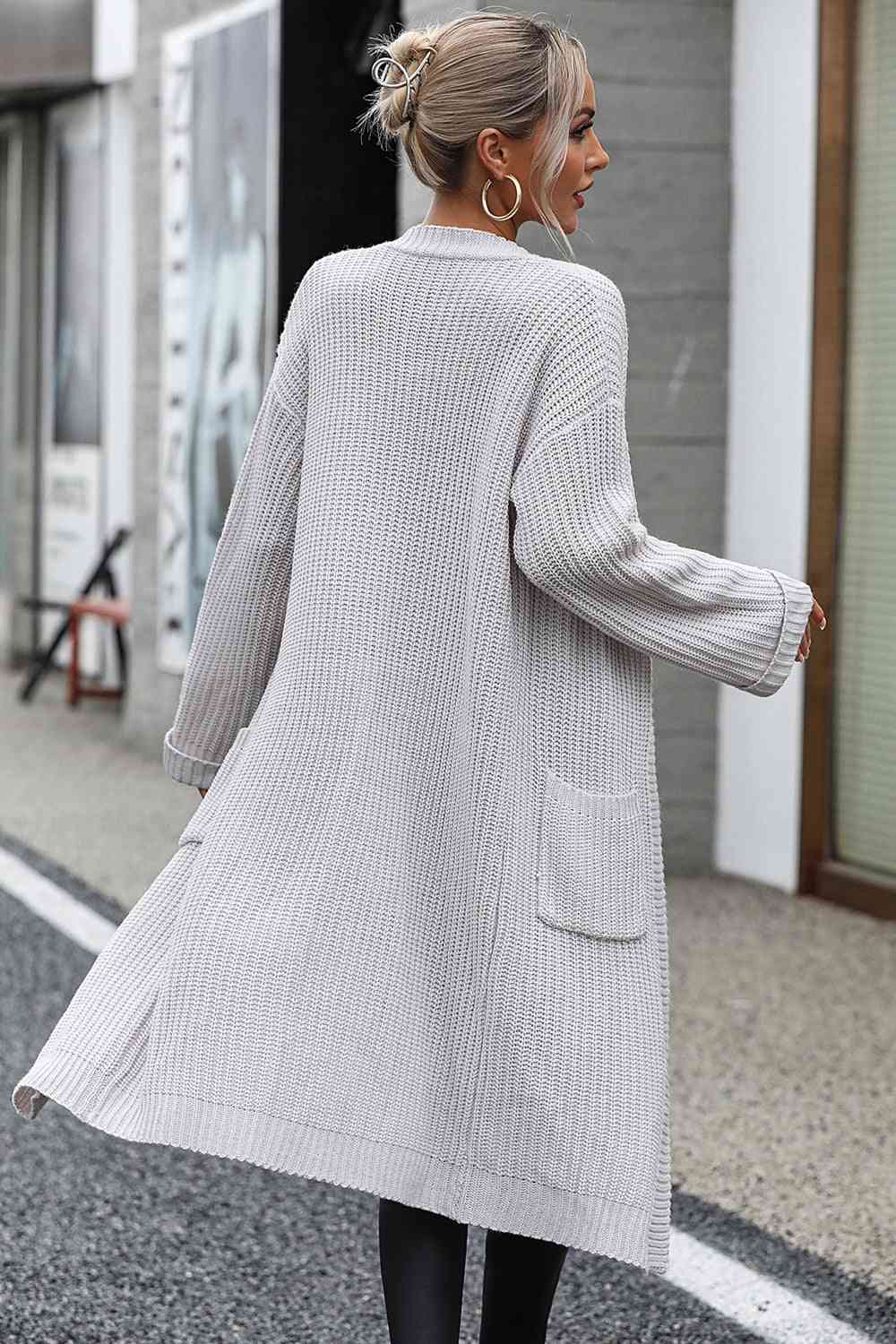 Dropped Shoulder Long Sleeve Cardigan with Pocket - Ladyez