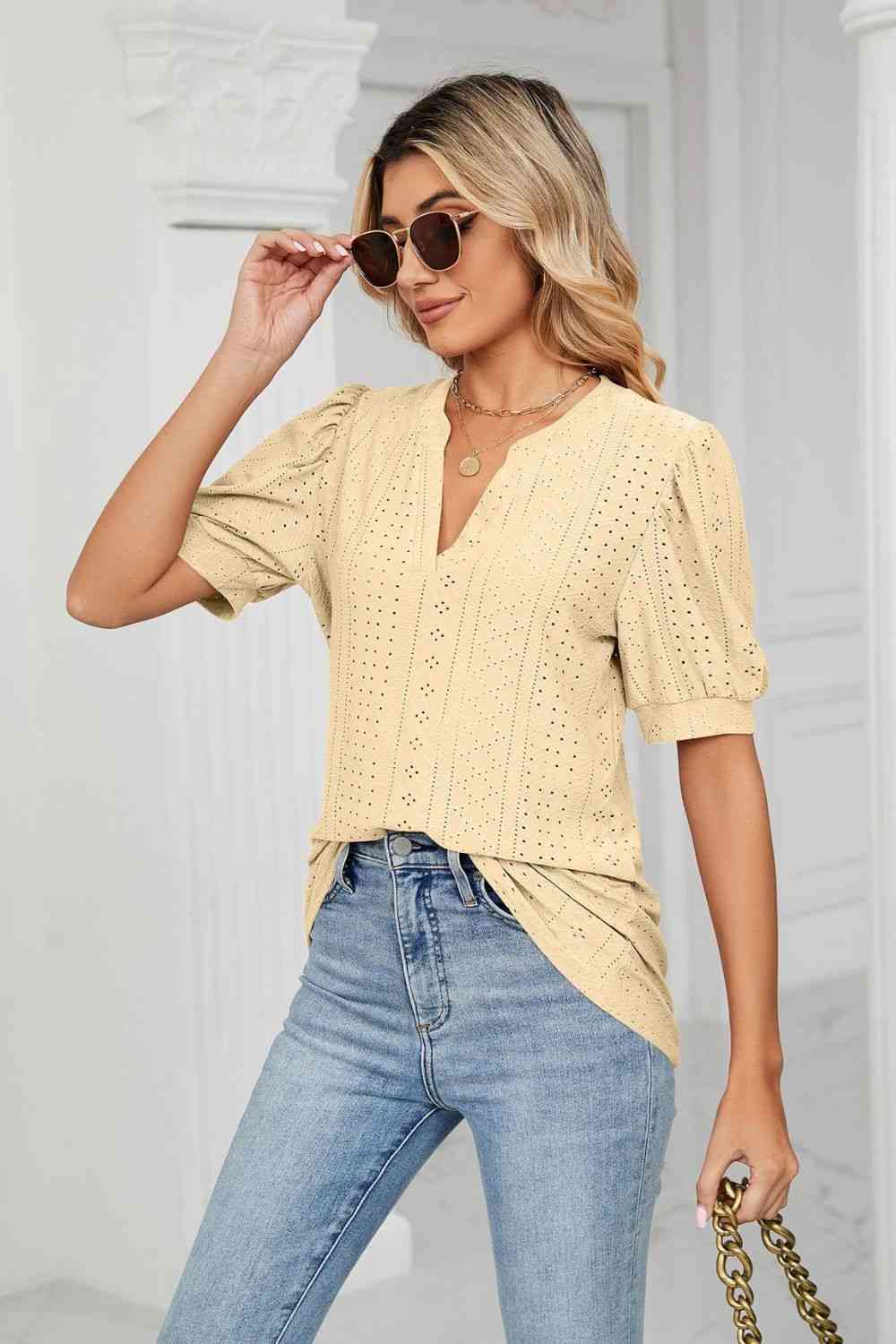 Eyelet Short Puff Sleeve Notched Neck Top - Ladyez