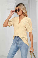 Eyelet Short Puff Sleeve Notched Neck Top - Ladyez