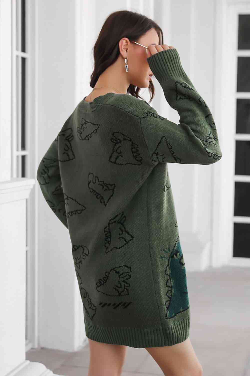 Dinosaur Pattern V-Neck Sweater Dress - Ladyez