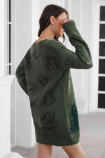 Dinosaur Pattern V-Neck Sweater Dress - Ladyez