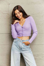 Button Down Long Sleeve Cropped Cardigan - Ladyez