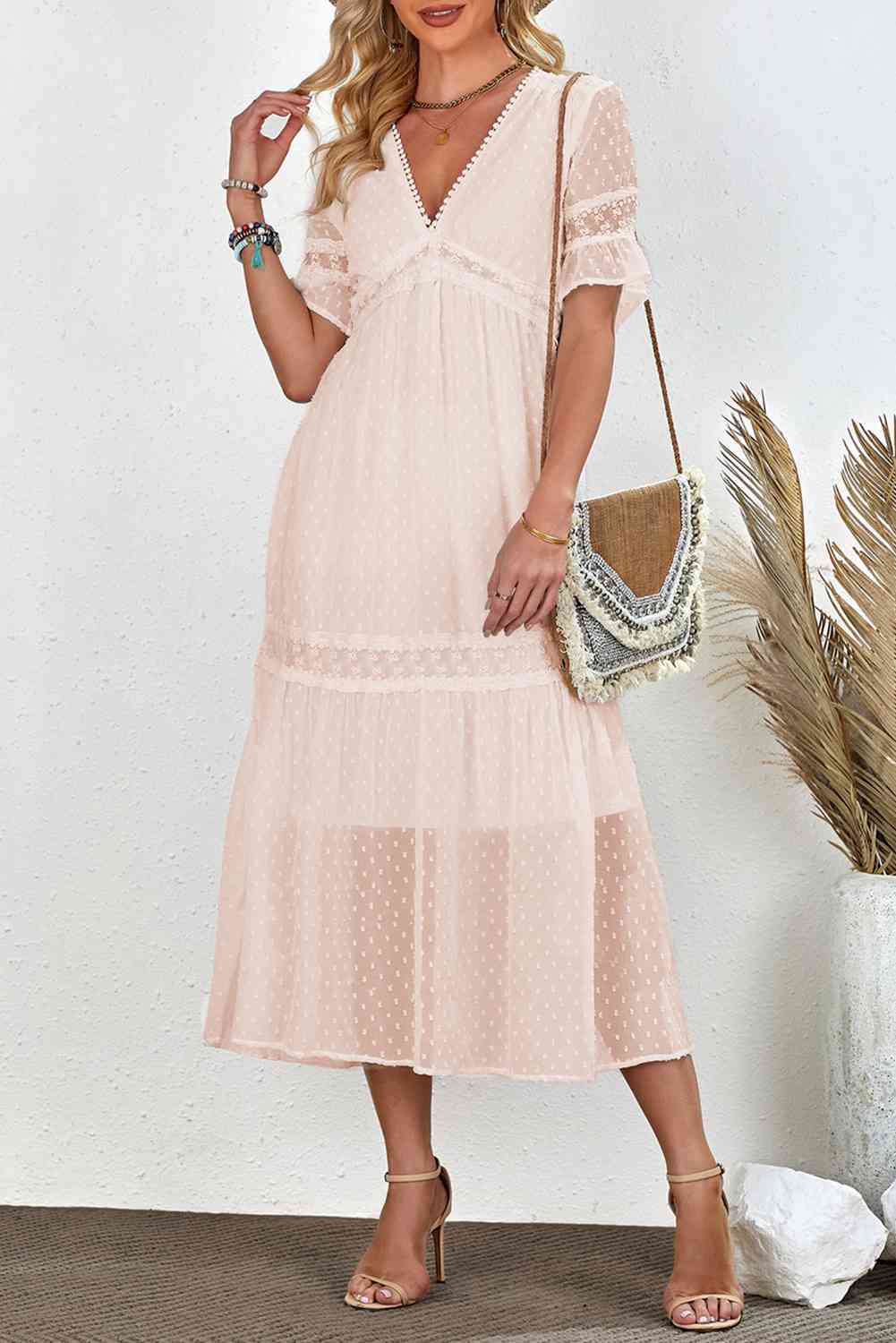 Swiss Dot V-Neck Short Sleeve Midi Dress - Ladyez