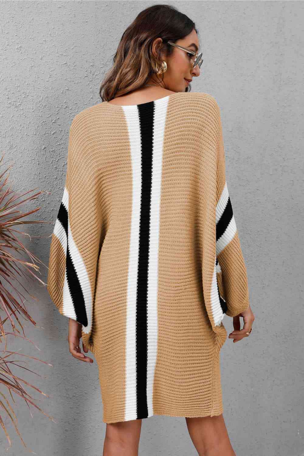 Ribbed Round Neck Long Sleeve Sweater Dress - Ladyez