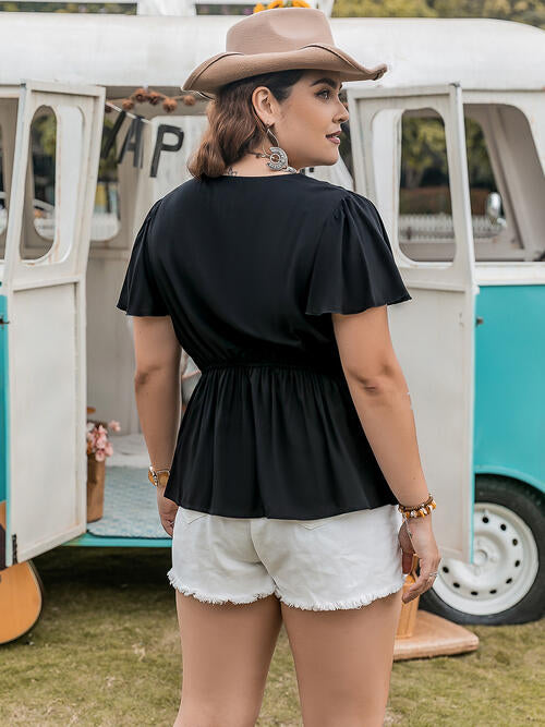 Plus Size V-Neck Flutter Sleeve Blouse - Ladyez