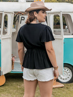 Plus Size V-Neck Flutter Sleeve Blouse - Ladyez