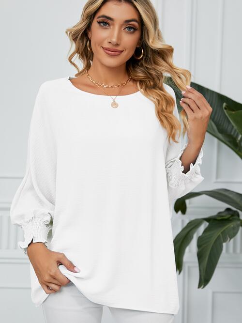 Smocked Lantern Sleeve Round Neck Blouse - Ladyez