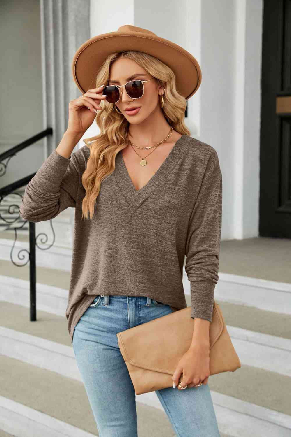 V-Neck Long Sleeve T-Shirt - Ladyez