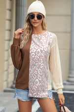 Leopard Round Neck Long Sleeve Blouse - Ladyez