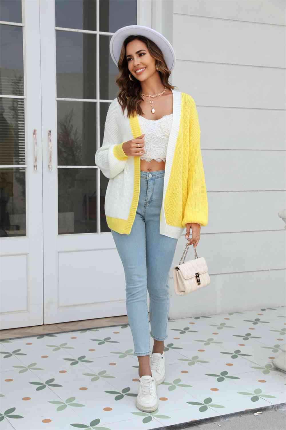 Open Front Contrast Color Balloon Sleeve Cardigan - Ladyez