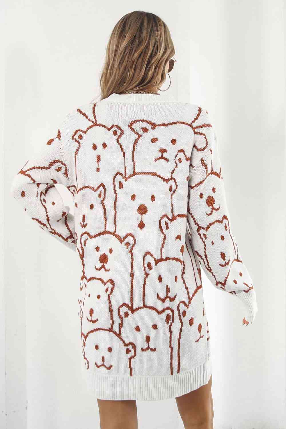 Bear Pattern Round Neck Sweater Dress - Ladyez