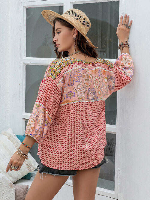 Plus Size Printed Tie Neck Balloon Sleeve Blouse - Ladyez