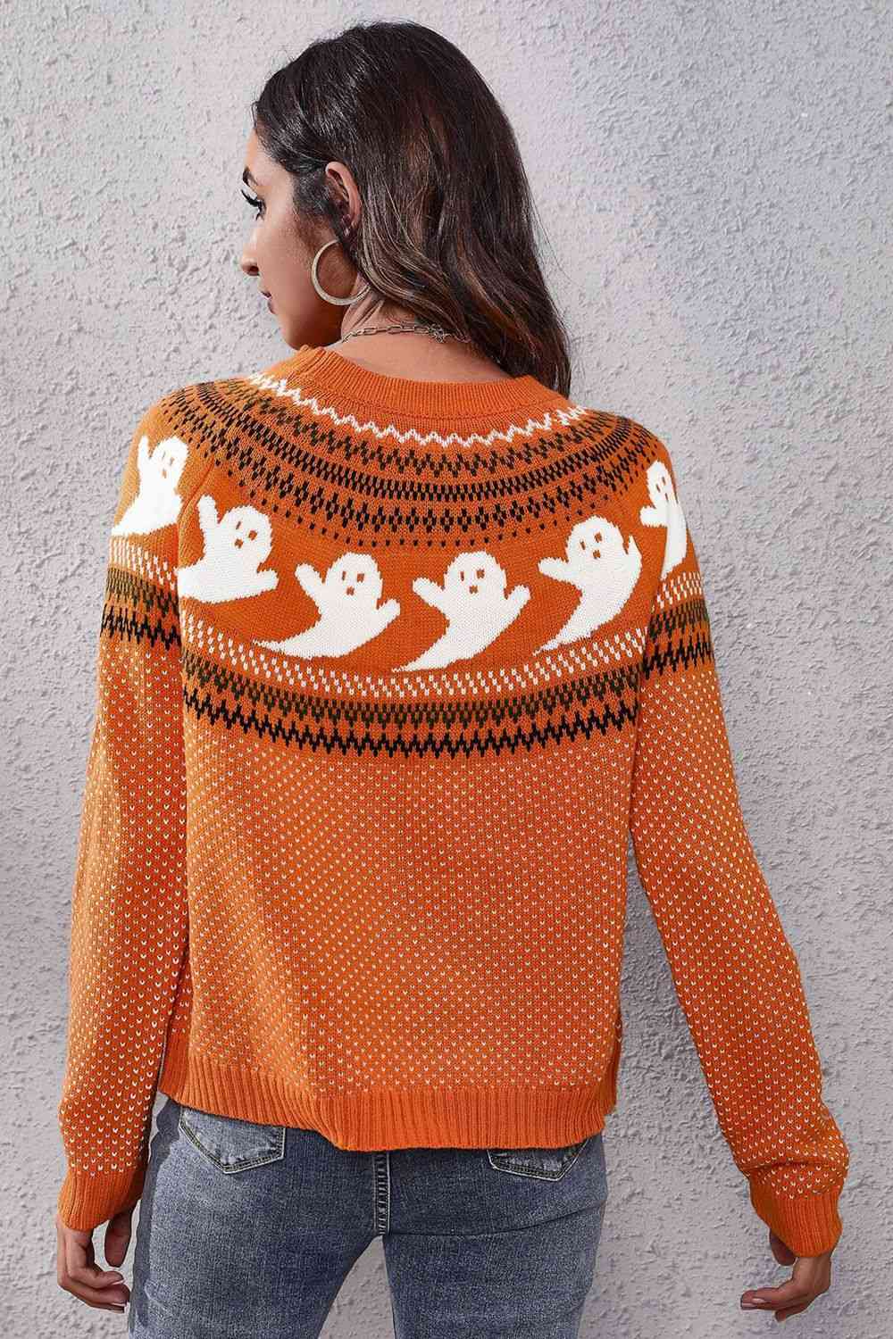 Ghost Pattern Round Neck Long Sleeve Sweater - Ladyez
