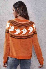 Ghost Pattern Round Neck Long Sleeve Sweater - Ladyez