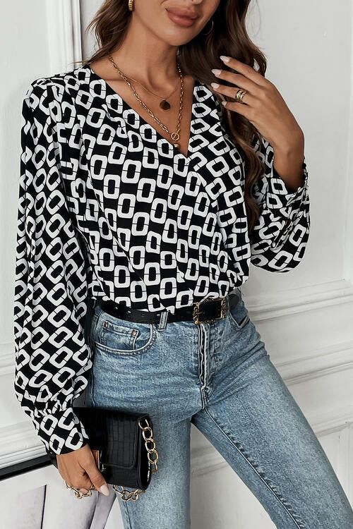 Geometric V-Neck Long Sleeve Blouse - Ladyez