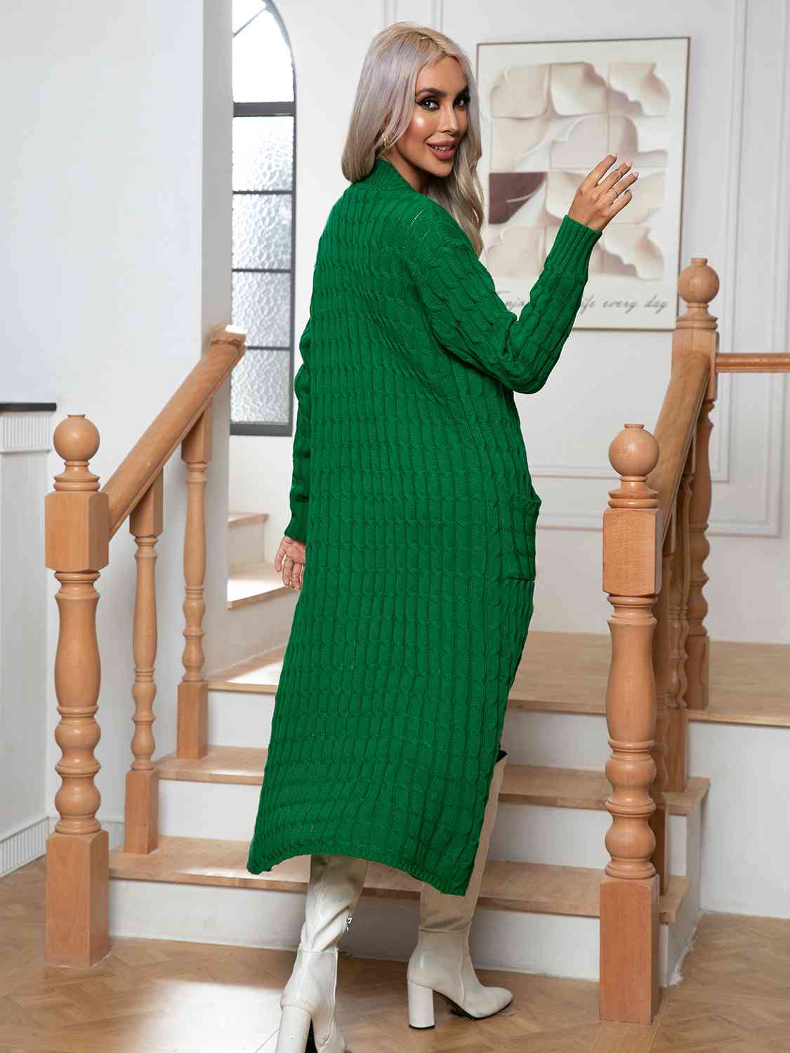 Cable-Knit Open Front Cardigan with Pockets - Ladyez