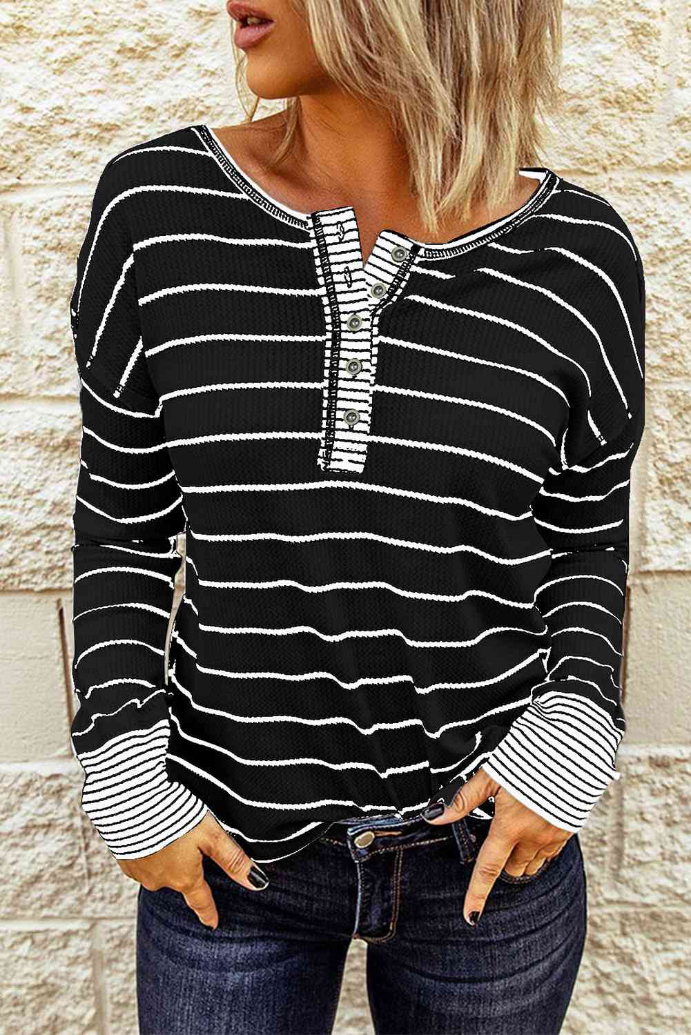 Striped Waffle Knit Henley Long Sleeve Top - Ladyez