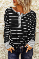 Striped Waffle Knit Henley Long Sleeve Top - Ladyez