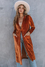 Collared Neck Longline Velvet Cardigan with Pockets - Ladyez