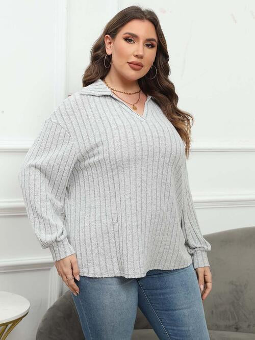 Plus Size Ribbed Collared Neck Long Sleeve Blouse - Ladyez
