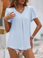 Ruche V-Neck Petal Sleeve Top - Ladyez