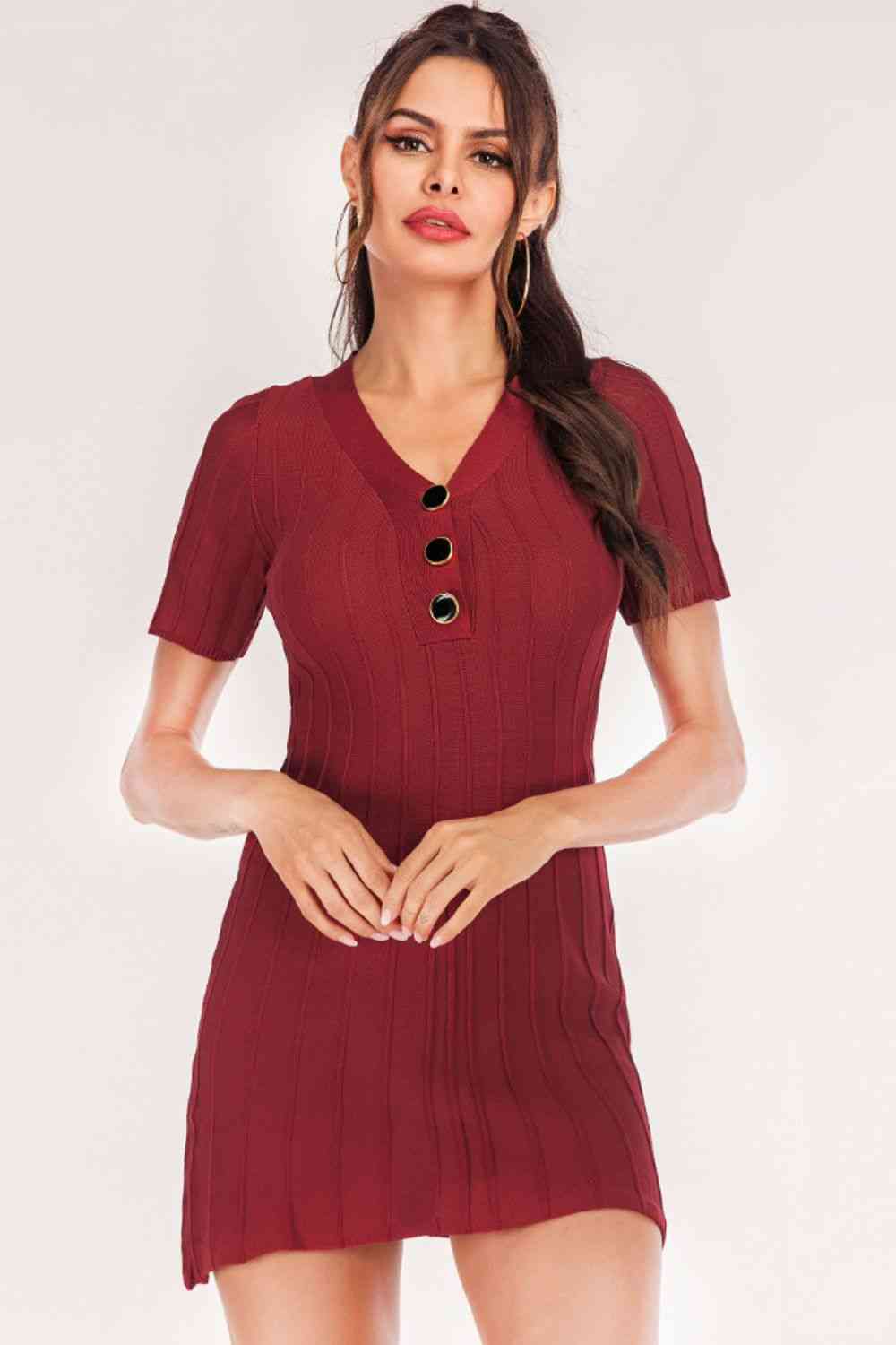 Buttoned Short Sleeve V-Neck Knit Dress - Ladyez