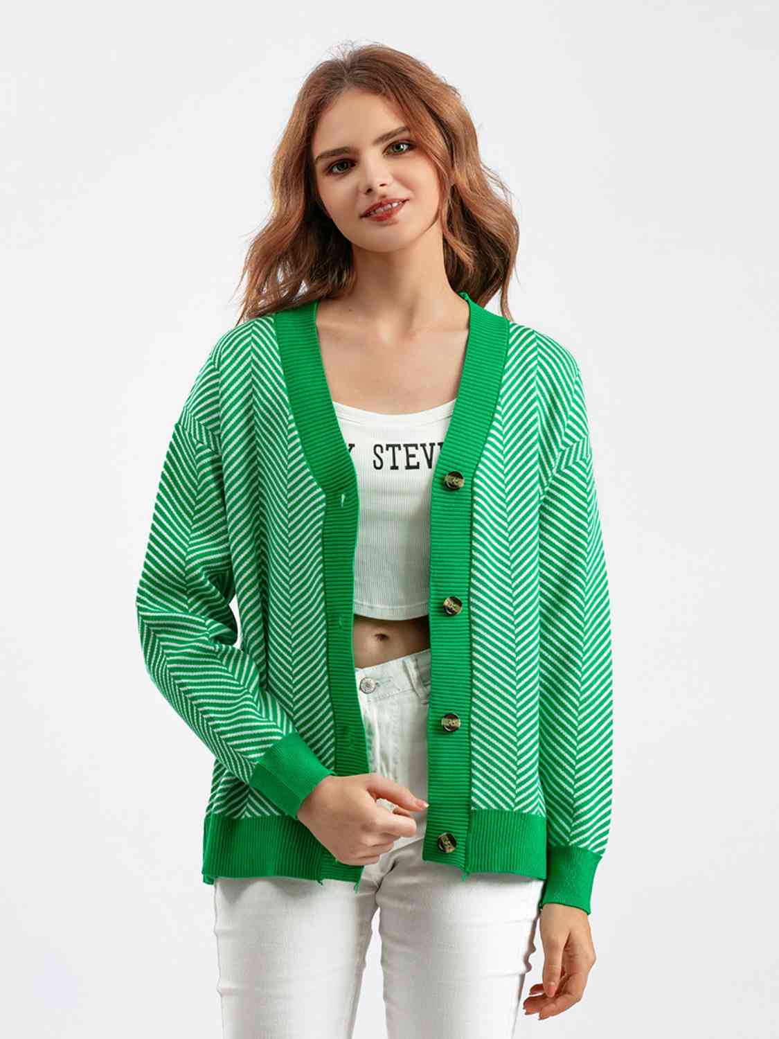 Button Down V-Neck Cardigan - Ladyez