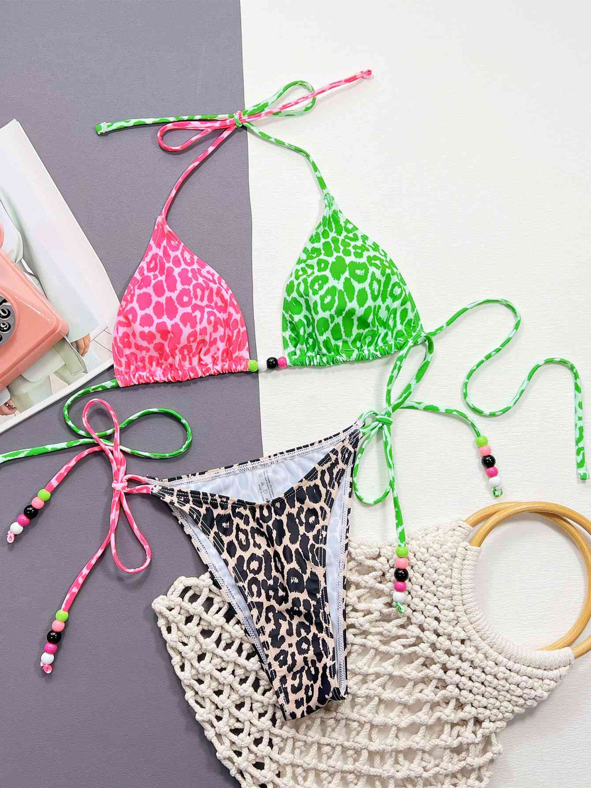 Leopard Tied Halter Neck Bikini Set - Ladyez