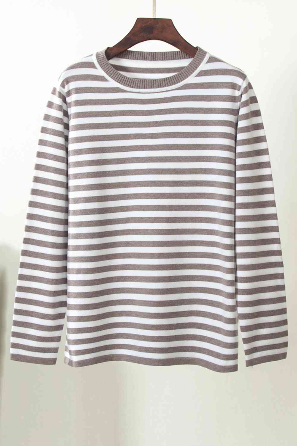 Striped Round Neck Long Sleeve Sweater - Ladyez