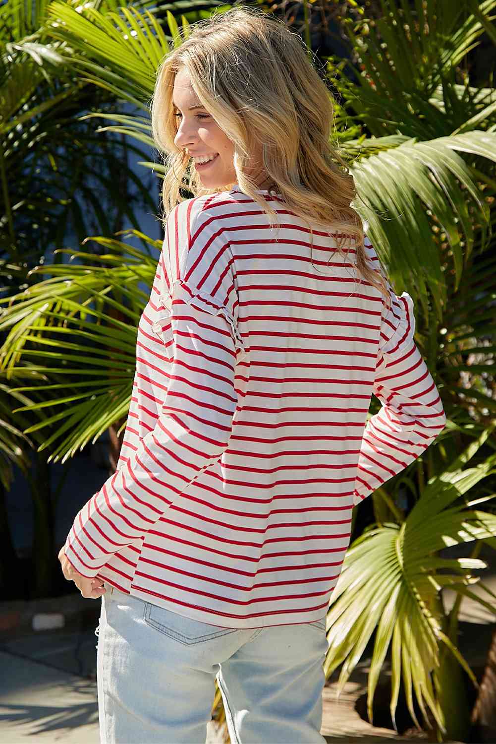 Striped Half Button Frill Trim Top - Ladyez