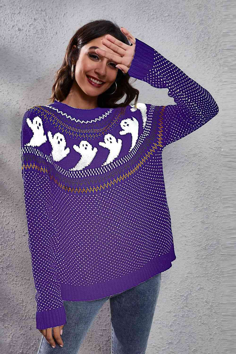 Ghost Pattern Round Neck Long Sleeve Sweater - Ladyez