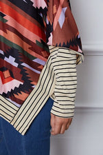 Geometric Striped Splicing Round Neck Blouse - Ladyez