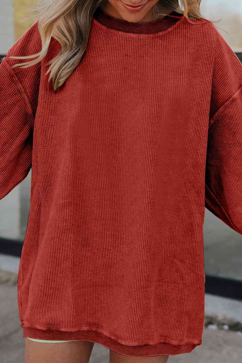 Ribbed Round Neck Drop Shoulder Sweatshirt - Ladyez