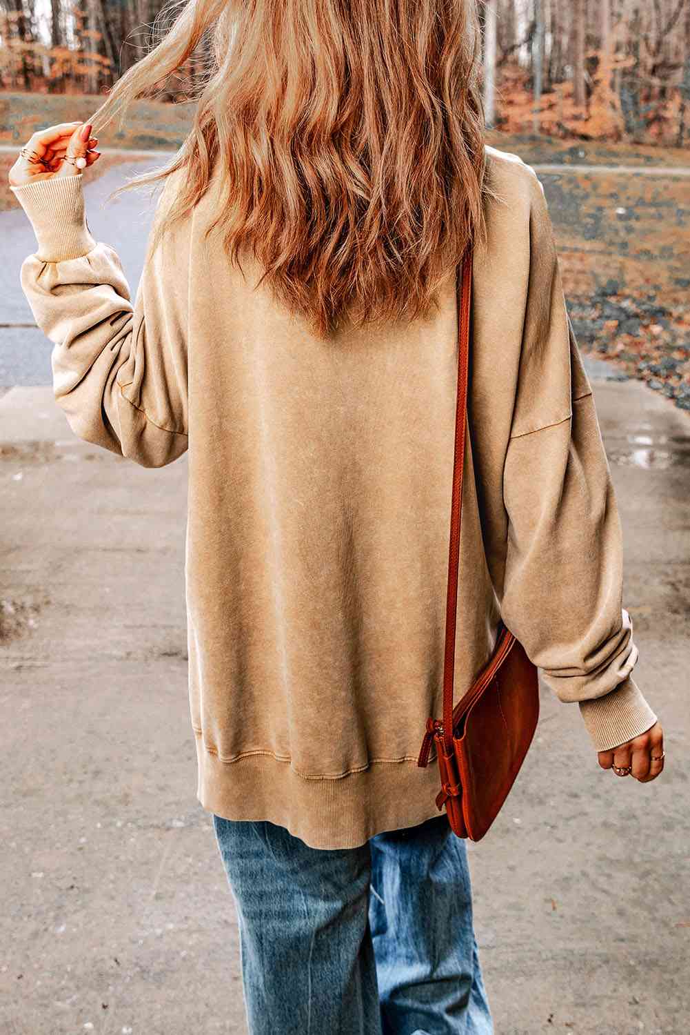 Dropped Shoulder Round Neck Long Sleeve Blouse - Ladyez