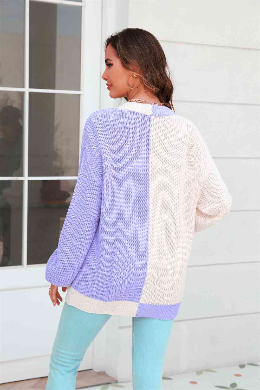 Open Front Contrast Color Balloon Sleeve Cardigan - Ladyez