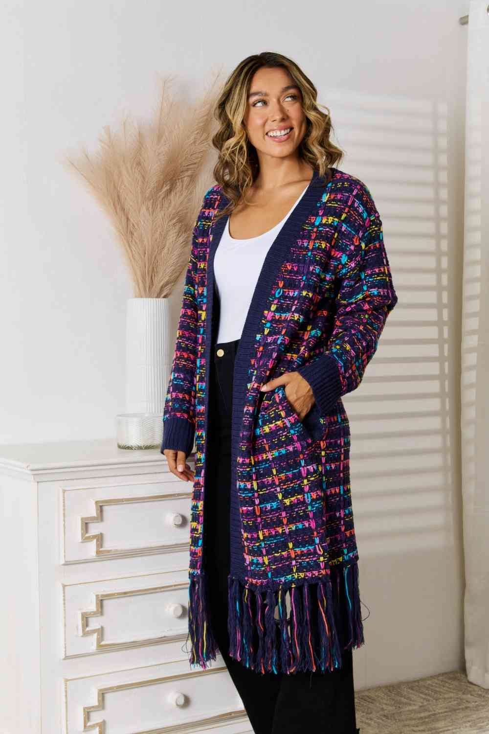 Fringe Hem Open Front Cardigan - Ladyez