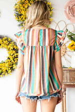 Multicolored Stripe Flutter Sleeve Blouse - Ladyez