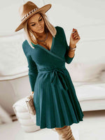 Surplice Neck Tie Front Pleated Sweater Dress - Ladyez