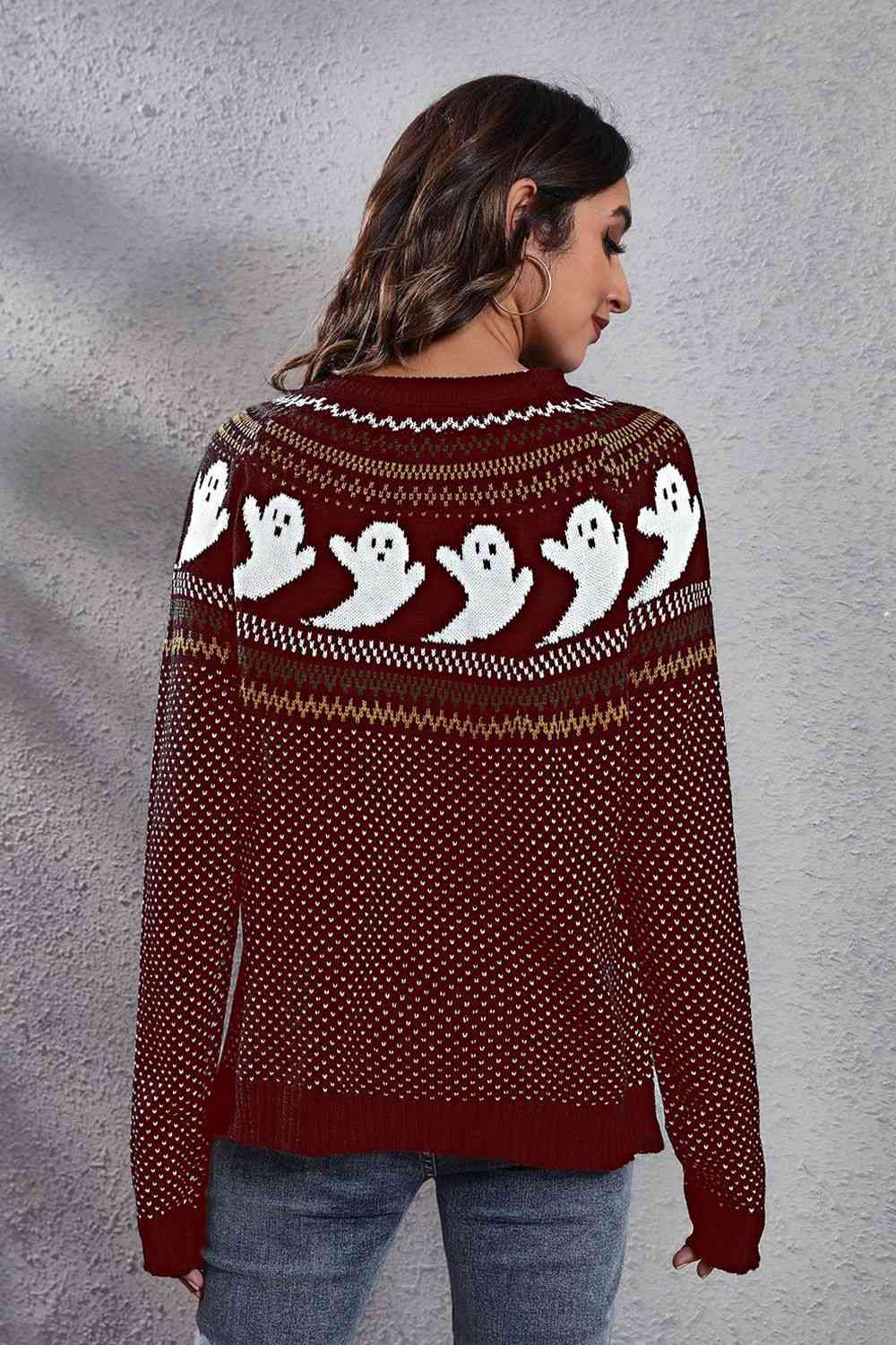 Ghost Pattern Round Neck Long Sleeve Sweater - Ladyez