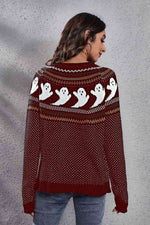 Ghost Pattern Round Neck Long Sleeve Sweater - Ladyez