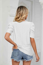 Eyelet Puff Sleeve Round Neck Blouse - Ladyez