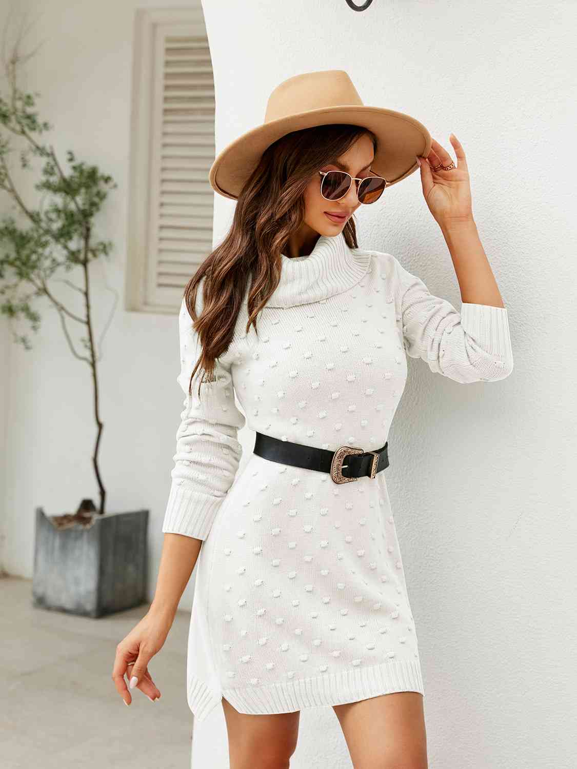Turtleneck Long Sleeve Slit Sweater Dress - Ladyez