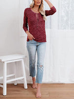 Round Neck Buttoned Long Sleeve T-Shirt - Ladyez