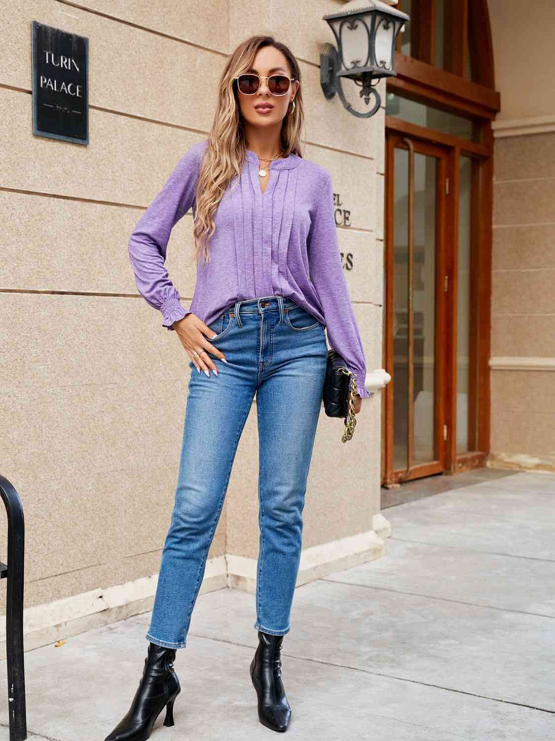 Pleated Notched Neck Flounce Sleeve Blouse - Ladyez