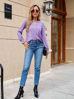 Pleated Notched Neck Flounce Sleeve Blouse - Ladyez