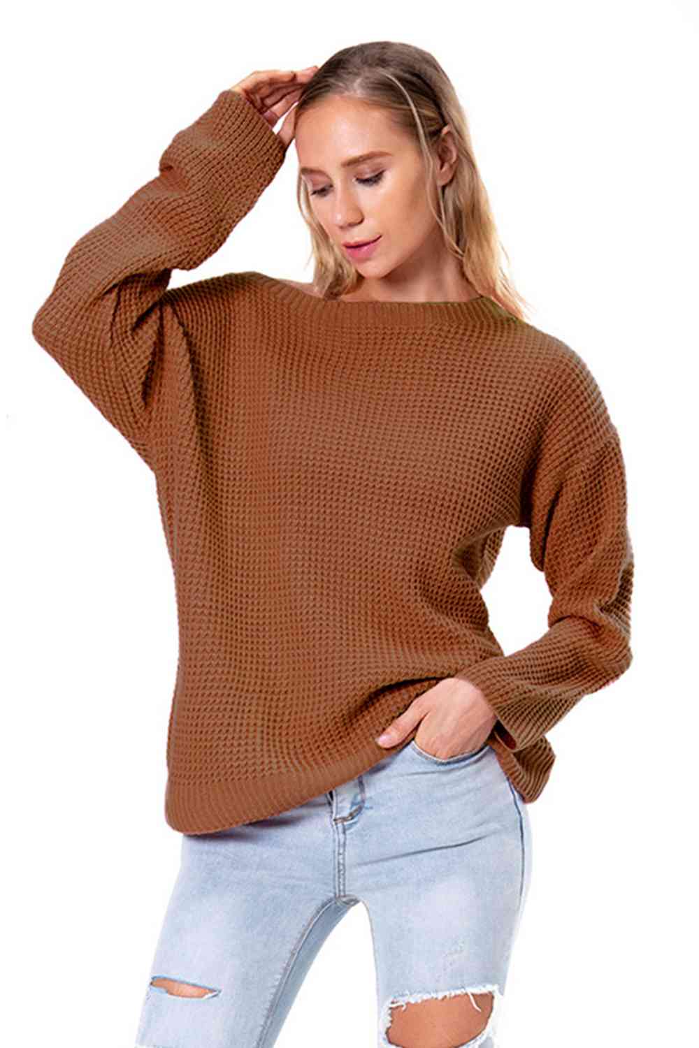 Boat Neck Drop Shoulder Long Sleeve Sweater - Ladyez
