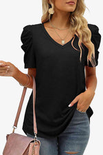 V-Neck Puff Sleeve Tee - Ladyez